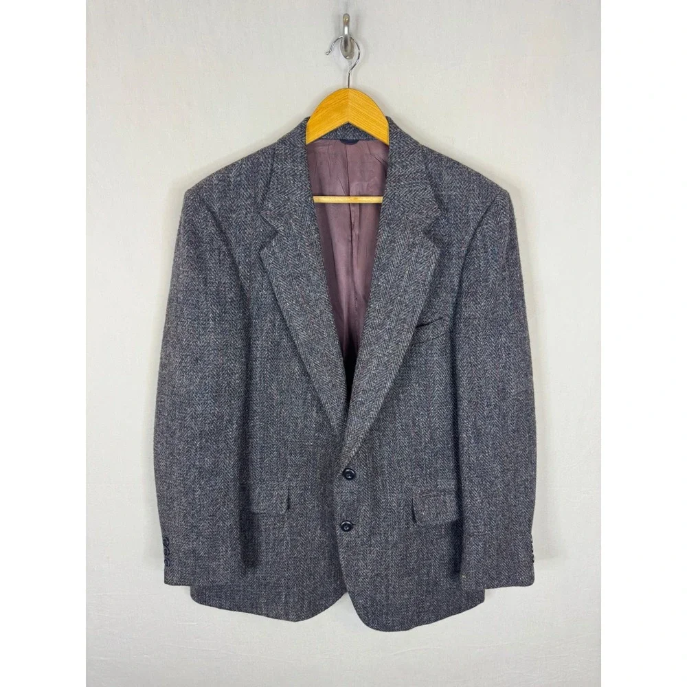 Harris Tweed The Bay Mens 44 / 42 Grey Herringbone Wool Blazer Sport Coat